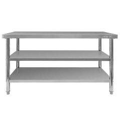 Gastro pracovní stůl z nerezu Mega‑M X STANDARD 1500×600×850 mm, centrální, se 2 policemi, MDF výztuha, nastavitelné nožky