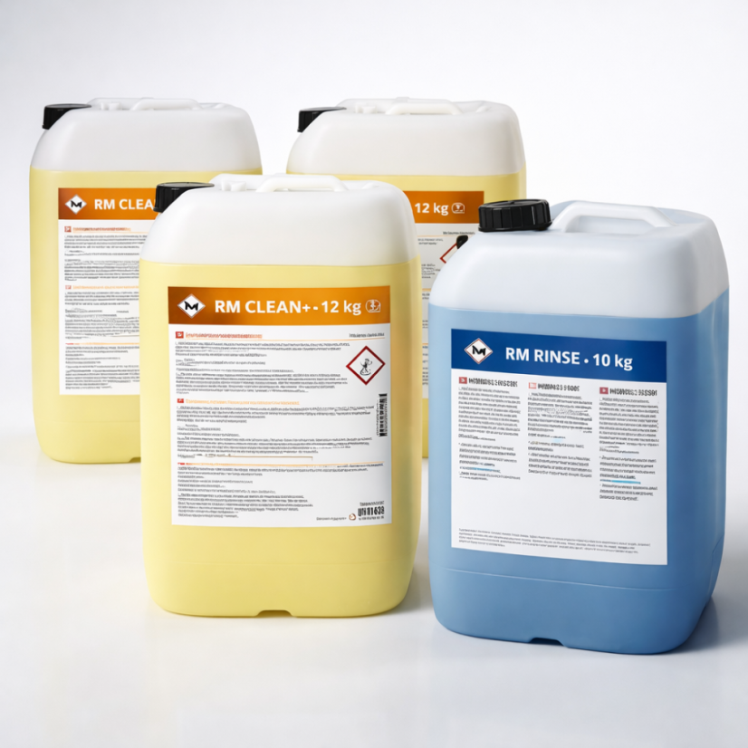 Výhodná sada chemie do profesionální myčky: 3× RM Clean+ 12 kg + 1× RM Rinse+ 10 kg (ušetříte 761 Kč)