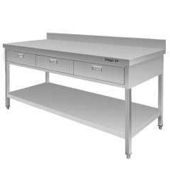 Gastro pracovní stůl z nerezu Mega‑M 1800×600×850, police + 3 zásuvky, lem
