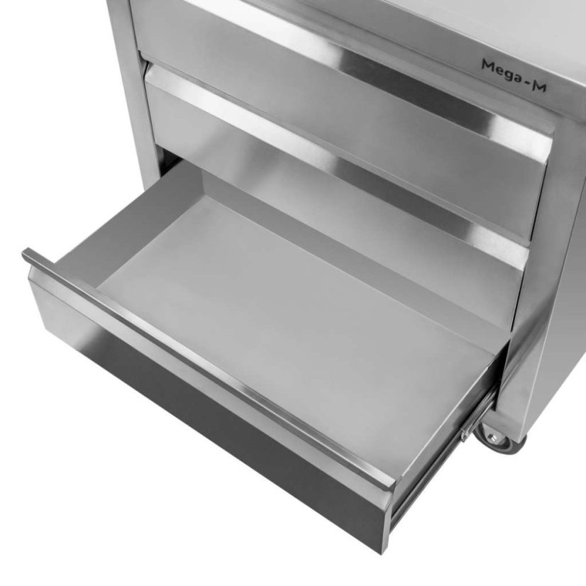 Mobilní nerezová skříňka Mega‑M 800×600×850 mm, 3 zásuvky, pracovní deska, na kolečkách