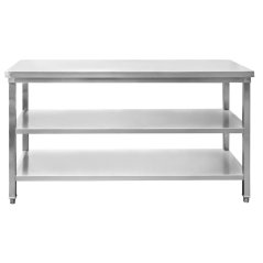 Gastro pracovní stůl z nerezu Mega‑M 1500×600×850 mm, centrální, se 2 policemi, MDF výztuha, nastavitelné nožky