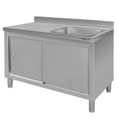 Nerezový gastro dřez MEGA‑M 1200×600×850 mm, vana vpravo, skříňka s posuvnými dveřmi, lem