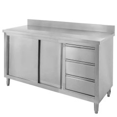 Gastro pracovní stůl z nerezu Mega‑M 1400×700×850, skříňka, posuvné dveře, 3 zásuvky, lem