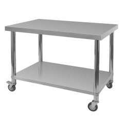 Mobilní nerezový gastro stůl Mega‑M X STANDARD 1200×600×850 mm se spodní policí a kolečky (2 s brzdou)