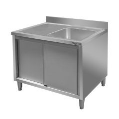 Nerezový gastro dřez MEGA‑M 1200×700×850 mm, vana vpravo, skříňka s posuvnými dveřmi, lem