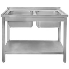 Nerezový gastro dřez MEGA‑M 1400×700×850 mm, 2 vany, lem, police