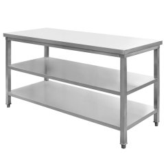 Gastro pracovní stůl z nerezu Mega‑M 1500×600×850 mm, centrální, se 2 policemi, MDF výztuha, nastavitelné nožky