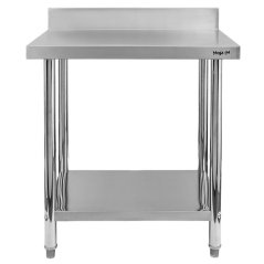 Nerezový gastro stůl přístěnný Mega‑M X STANDARD 800×600×850 mm, 1 police, zadní lem 100 mm, MDF výztuha, nastavitelné nožky