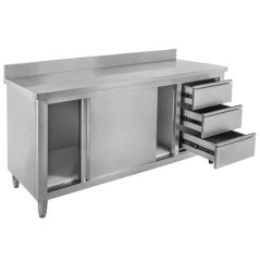 Gastro pracovní stůl z nerezu Mega‑M 1400×700×850, skříňka, posuvné dveře, 3 zásuvky, lem