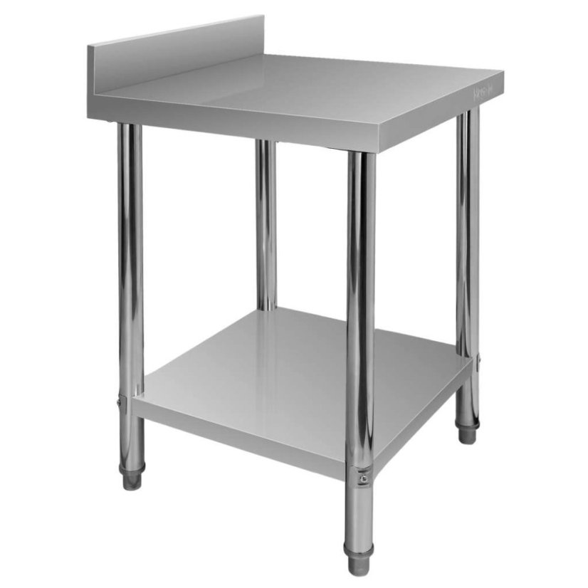 Nerezový gastro stůl přístěnný Mega‑M X STANDARD 600×600×850 mm, 1 police, zadní lem 100 mm, MDF výztuha, nastavitelné nožky