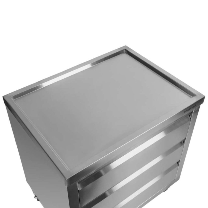 Mobilní nerezová skříňka Mega‑M 800×600×850 mm, 3 zásuvky, pracovní deska, na kolečkách