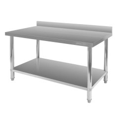 Nerezový gastro stůl přístěnný Mega‑M X STANDARD 1400×600×850 mm, 1 police, zadní lem 100 mm, MDF výztuha, nastavitelné nožky