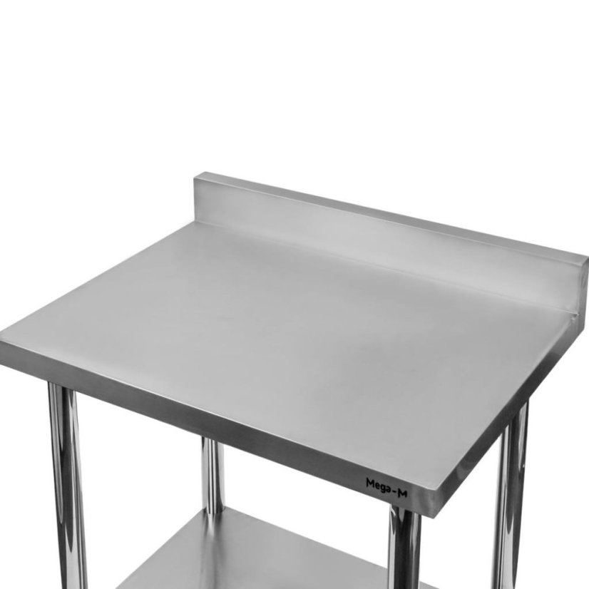 Nerezový gastro stůl přístěnný Mega‑M X STANDARD 800×600×850 mm, 1 police, zadní lem 100 mm, MDF výztuha, nastavitelné nožky