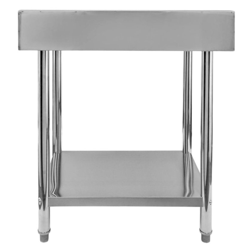 Nerezový gastro stůl přístěnný Mega‑M X STANDARD 800×600×850 mm, 1 police, zadní lem 100 mm, MDF výztuha, nastavitelné nožky
