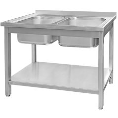 Nerezový gastro dřez MEGA‑M 1400×700×850 mm, 2 vany, lem, police