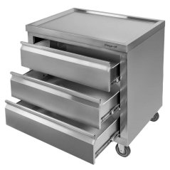 Mobilní nerezová skříňka Mega‑M 800×600×850 mm, 3 zásuvky, pracovní deska, na kolečkách
