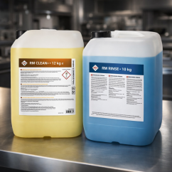 Sada chemie do profesionální myčky nádobí RM + REDFOX: RM Clean+ 12 kg + RM Rinse+ 10 kg (ušetříte 280 Kč)