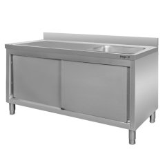 Nerezový gastro dřez MEGA‑M 1600×600×850 mm, vana vpravo, skříňka s posuvnými dveřmi, lem