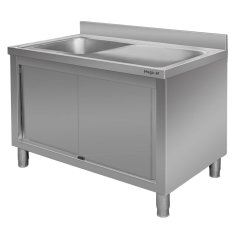Nerezový gastro dřez MEGA‑M 1400×600×850 mm, vana vlevo, skříňka s posuvnými dveřmi, lem