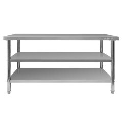 Gastro pracovní stůl z nerezu Mega‑M X STANDARD 1600×600×850 mm, centrální, se 2 policemi, MDF výztuha, nastavitelné nožky