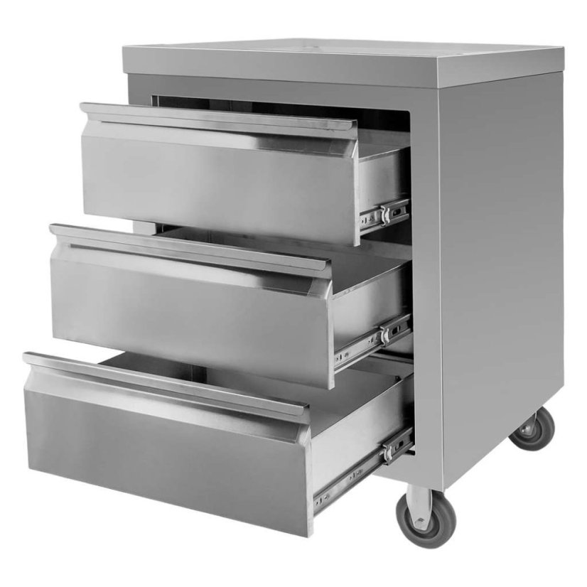 Mobilní nerezová skříňka Mega‑M 600×600×850 mm, 3 zásuvky, pracovní deska, na kolečkách