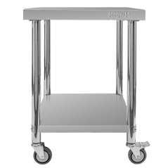 Mobilní nerezový gastro stůl Mega‑M X STANDARD 600×600×850 mm se spodní policí a kolečky (2 s brzdou)