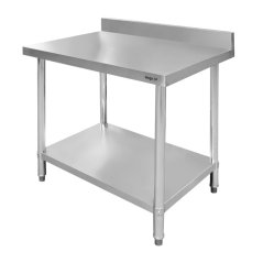 Nerezový gastro stůl přístěnný Mega‑M X STANDARD 1000×700×850 mm, 1 police, zadní lem 100 mm, MDF výztuha, nastavitelné nožky