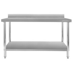 Nerezový gastro stůl přístěnný Mega‑M X STANDARD 1500×600×850 mm, 1 police, zadní lem 100 mm, MDF výztuha, nastavitelné nožky