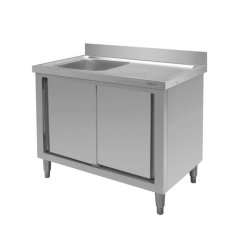 Nerezový gastro dřez MEGA‑M 1000×700×850 mm, vana vlevo, skříňka s posuvnými dveřmi, lem