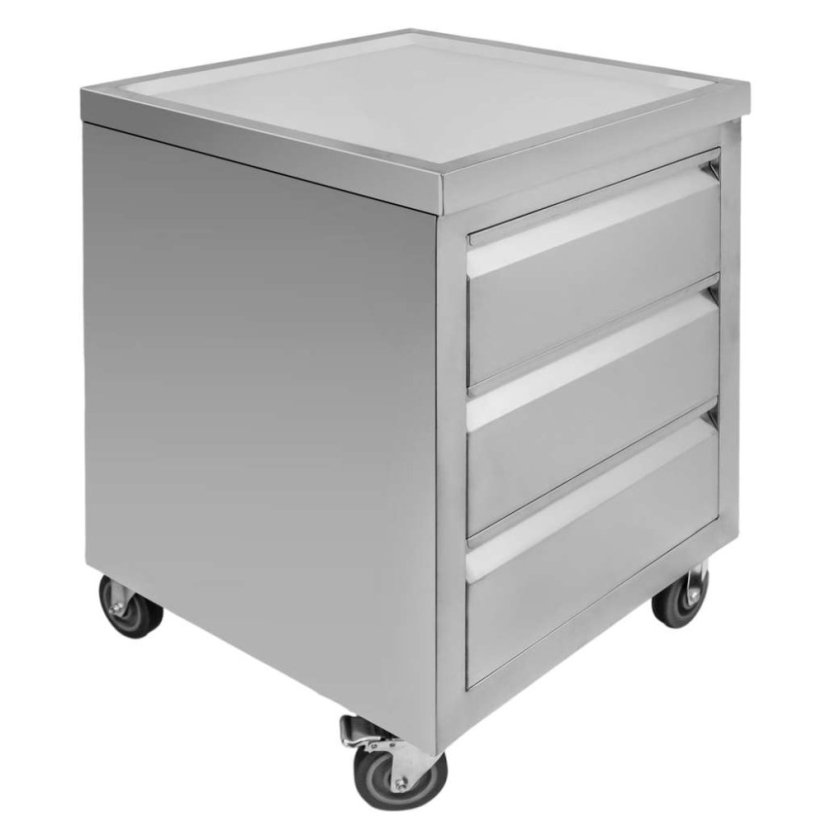 Mobilní nerezová skříňka Mega‑M 600×600×850 mm, 3 zásuvky, pracovní deska, na kolečkách