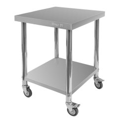 Mobilní nerezový gastro stůl Mega‑M X STANDARD 600×600×850 mm se spodní policí a kolečky (2 s brzdou)