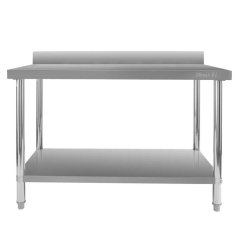 Nerezový gastro stůl přístěnný Mega‑M X STANDARD 1400×700×850 mm, 1 police, zadní lem 100 mm, MDF výztuha, nastavitelné nožky