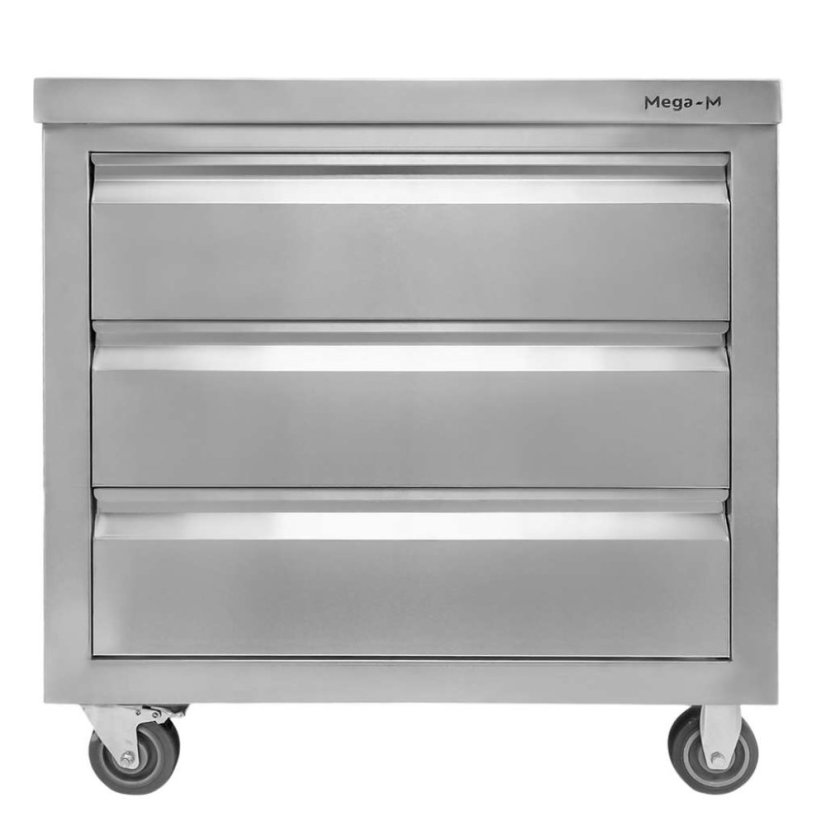 Mobilní nerezová skříňka Mega‑M 800×600×850 mm, 3 zásuvky, pracovní deska, na kolečkách