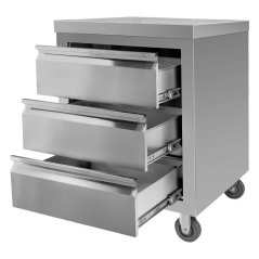 Mobilní nerezová skříňka Mega‑M 600×600×850 mm, 3 zásuvky, pracovní deska, na kolečkách