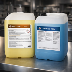 Sada chemie do profesionální myčky nádobí RM + REDFOX: RM Clean+ 12 kg + RM Rinse+ 10 kg (ušetříte 280 Kč)
