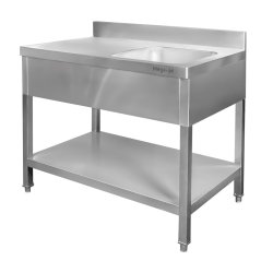 Nerezový gastro dřez MEGA‑M 1200×700×850 mm, vana vpravo, lem, police, krycí panel