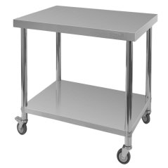 Mobilní nerezový gastro stůl Mega‑M X STANDARD 800×600×850 mm se spodní policí a kolečky (2 s brzdou)