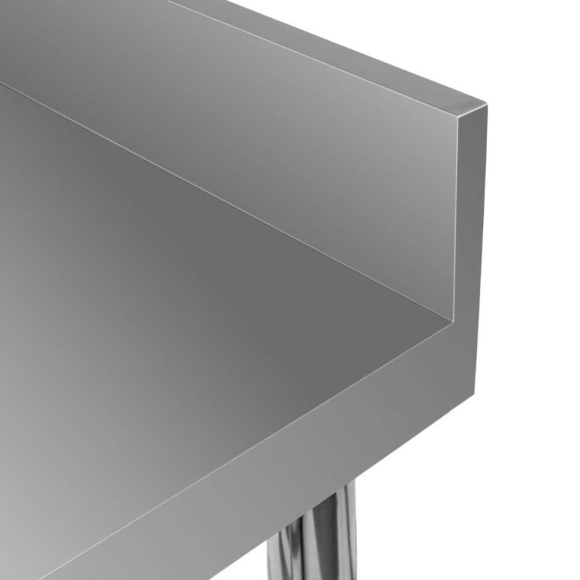 Nerezový gastro stůl přístěnný Mega‑M X STANDARD 600×600×850 mm, 1 police, zadní lem 100 mm, MDF výztuha, nastavitelné nožky