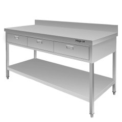 Gastro pracovní stůl z nerezu Mega‑M 1500×600×850, police + 3 zásuvky, lem