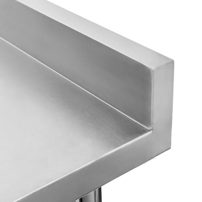Nerezový gastro stůl přístěnný Mega‑M X STANDARD 800×600×850 mm, 1 police, zadní lem 100 mm, MDF výztuha, nastavitelné nožky