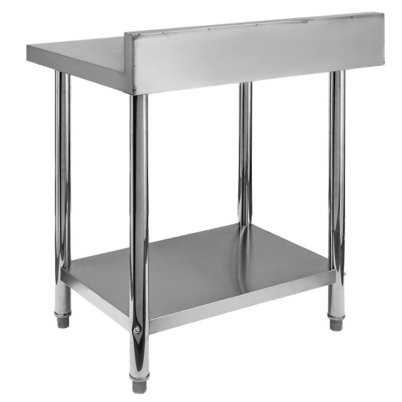 Nerezový gastro stůl přístěnný Mega‑M X STANDARD 800×600×850 mm, 1 police, zadní lem 100 mm, MDF výztuha, nastavitelné nožky