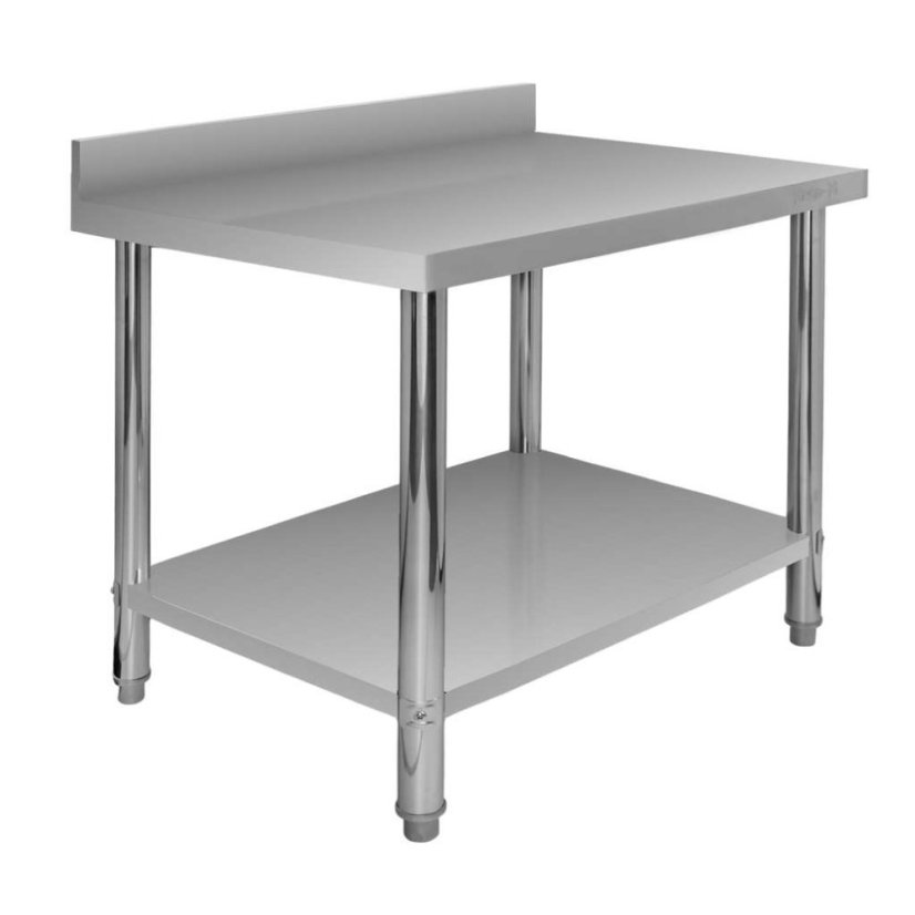 Nerezový gastro stůl přístěnný Mega‑M X STANDARD 1000×700×850 mm, 1 police, zadní lem 100 mm, MDF výztuha, nastavitelné nožky