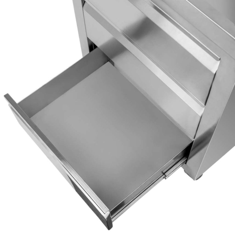 Mobilní nerezová skříňka Mega‑M 600×600×850 mm, 3 zásuvky, pracovní deska, na kolečkách