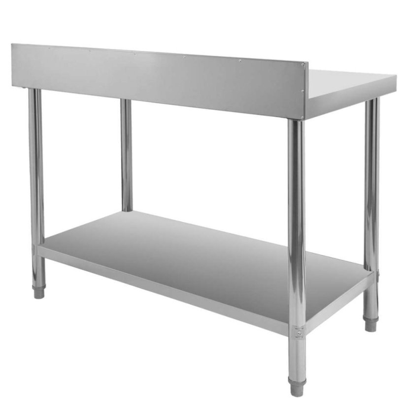 Nerezový gastro stůl přístěnný Mega‑M X STANDARD 1200×600×850 mm, 1 police, zadní lem 100 mm, MDF výztuha, nastavitelné nožky