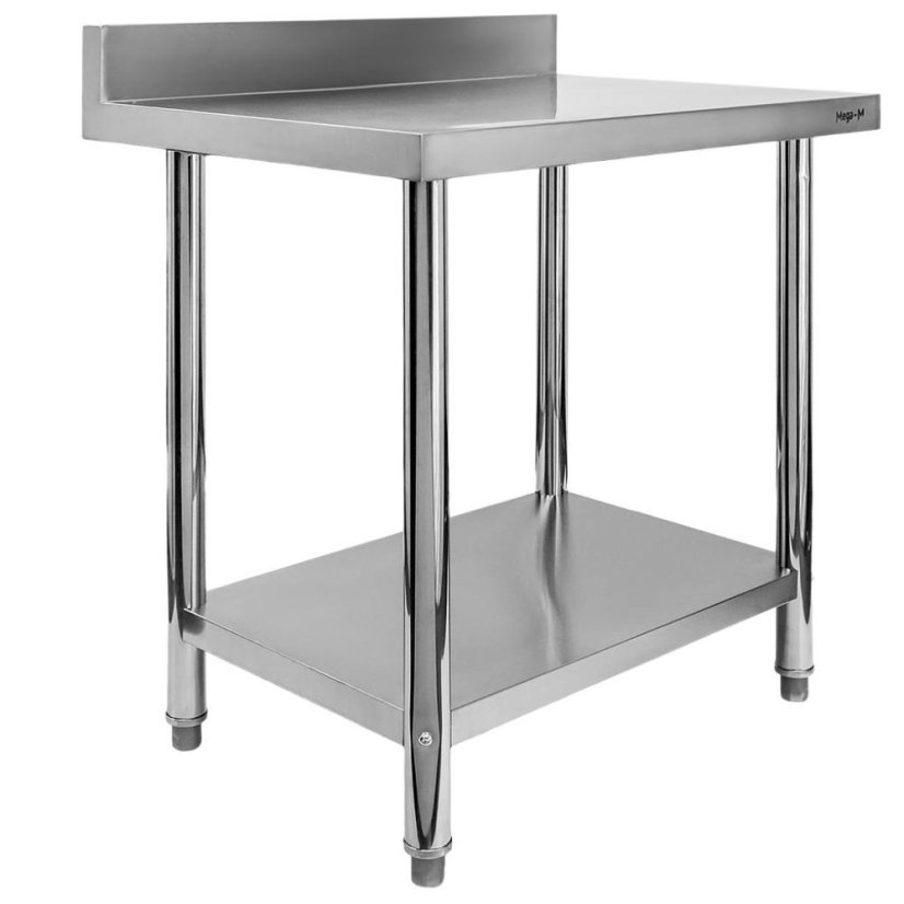 Nerezový gastro stůl přístěnný Mega‑M X STANDARD 800×600×850 mm, 1 police, zadní lem 100 mm, MDF výztuha, nastavitelné nožky