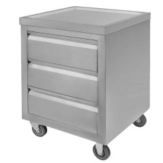 Mobilní nerezová skříňka Mega‑M 600×600×850 mm, 3 zásuvky, pracovní deska, na kolečkách