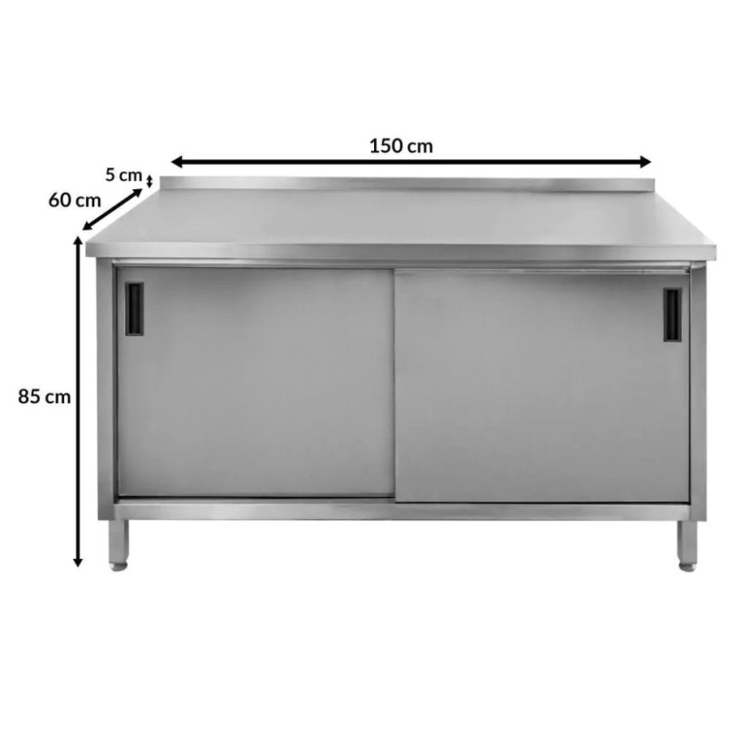 Gastro pracovní stůl z nerezu Mega‑M 1500×600×850, skříňka, posuvné dveře, 2 police, lem