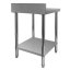 Nerezový gastro stůl přístěnný Mega‑M X STANDARD 600×600×850 mm, 1 police, zadní lem 100 mm, MDF výztuha, nastavitelné nožky