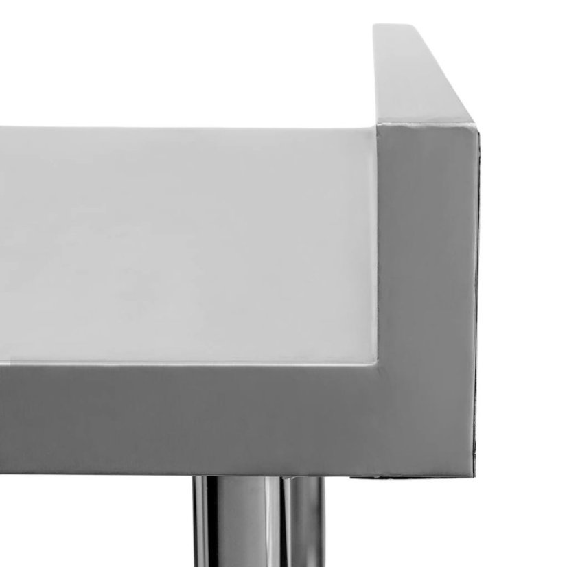 Nerezový gastro stůl přístěnný Mega‑M X STANDARD 800×600×850 mm, 1 police, zadní lem 100 mm, MDF výztuha, nastavitelné nožky