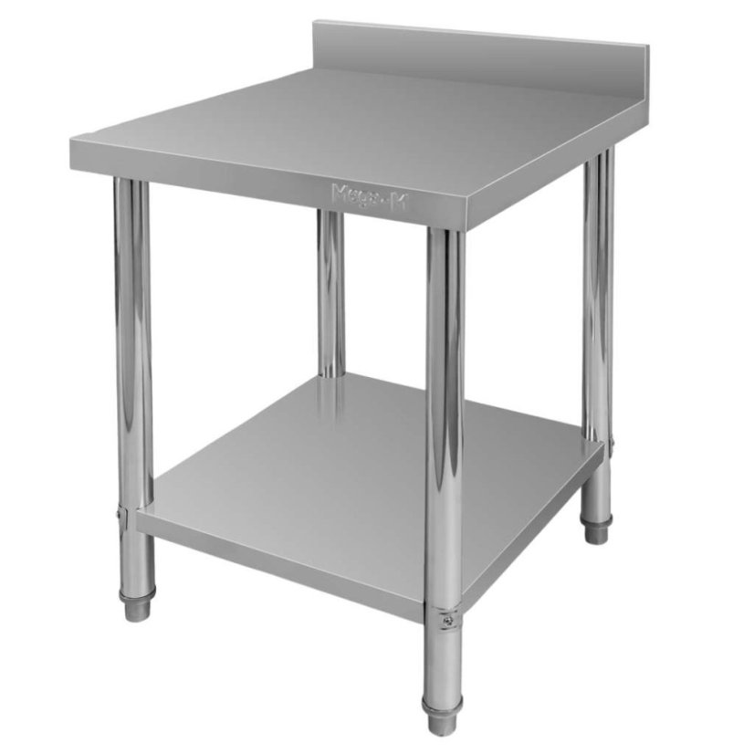 Nerezový gastro stůl přístěnný Mega‑M X STANDARD 600×600×850 mm, 1 police, zadní lem 100 mm, MDF výztuha, nastavitelné nožky